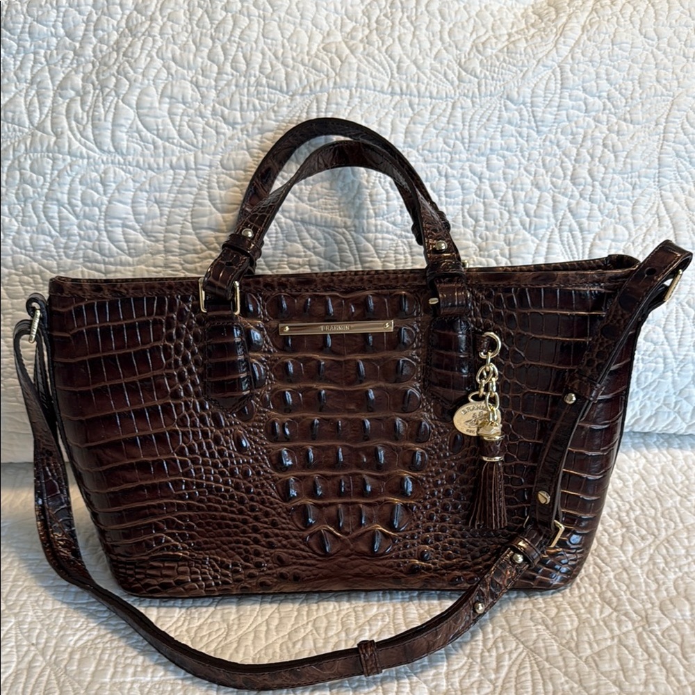 Brahmin Dark Brown Embossed Leather Satchel with Tassel Charm